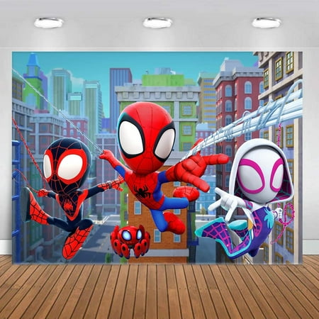 Image of 7x5 FT Spiderman & SE33 His Amazing Friends Background Cloth Cartoon for Spiderman Theme Boy Kids Birthday Party Photo Backdrop Decoration Multicolor