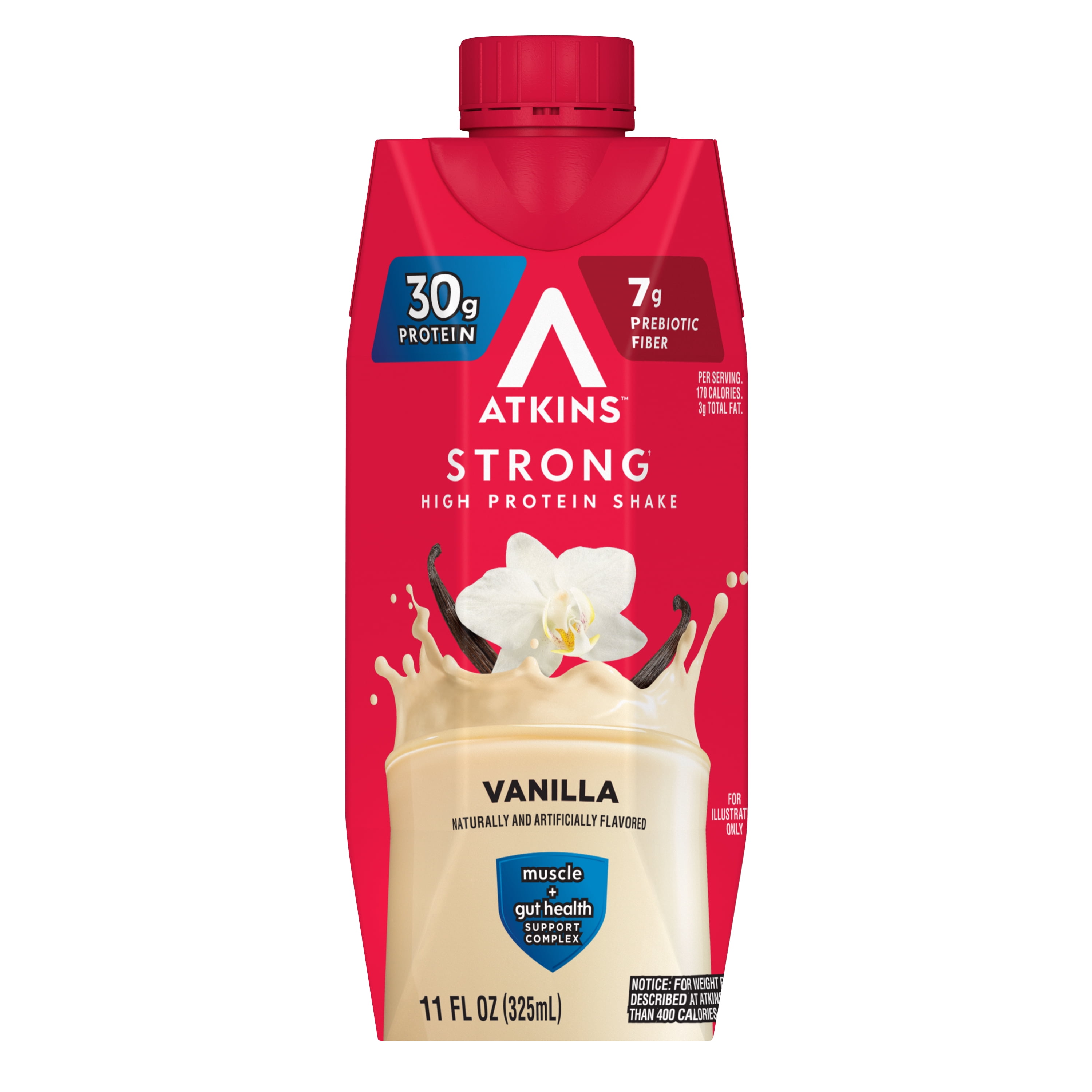 (3 pack) Atkins Strong, High Protein Shake, Vanilla, 30g of Protein, High Fiber, 4 Count