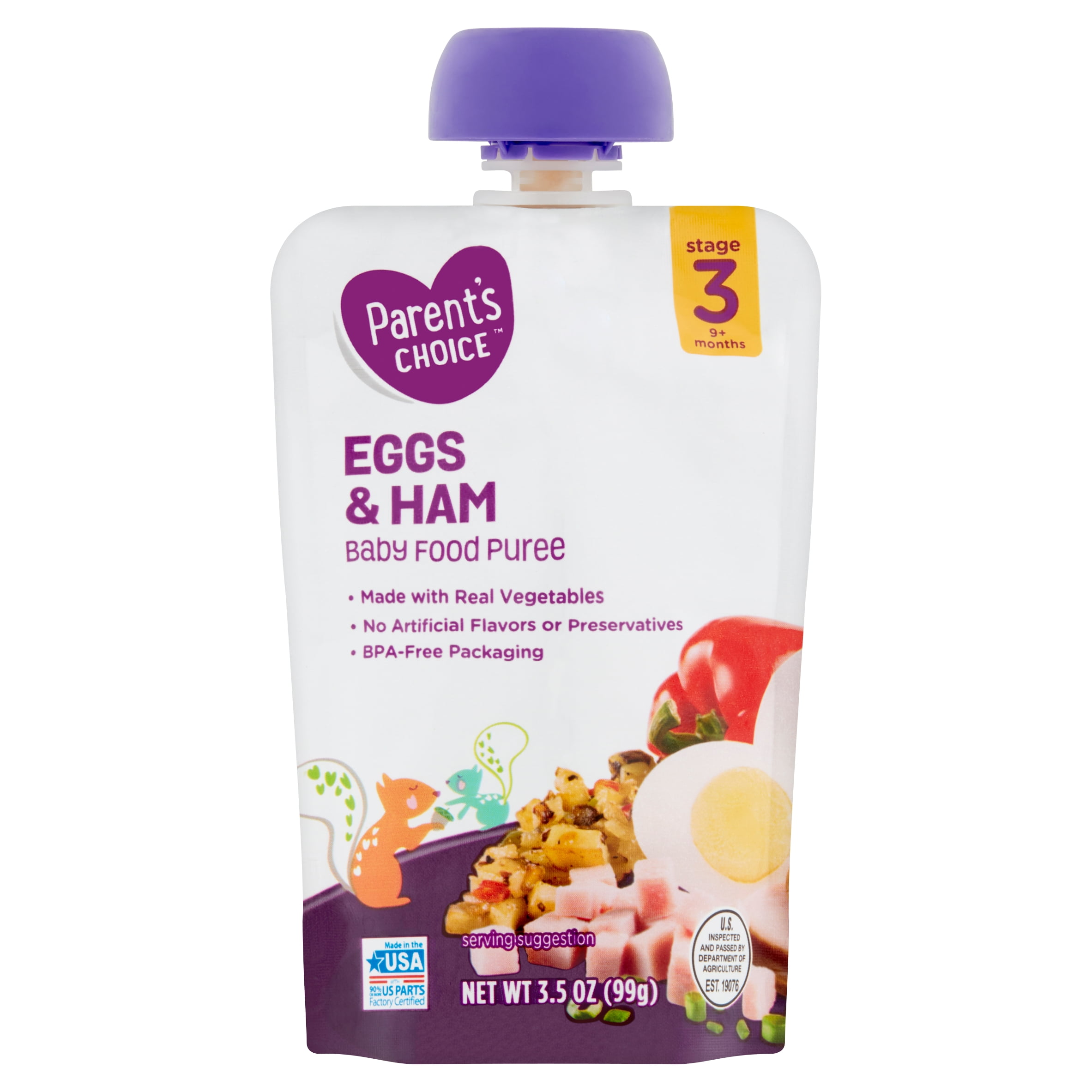 Parent's Choice Eggs & Ham Baby Food Puree, Stage 3, 3.5 oz Pouch