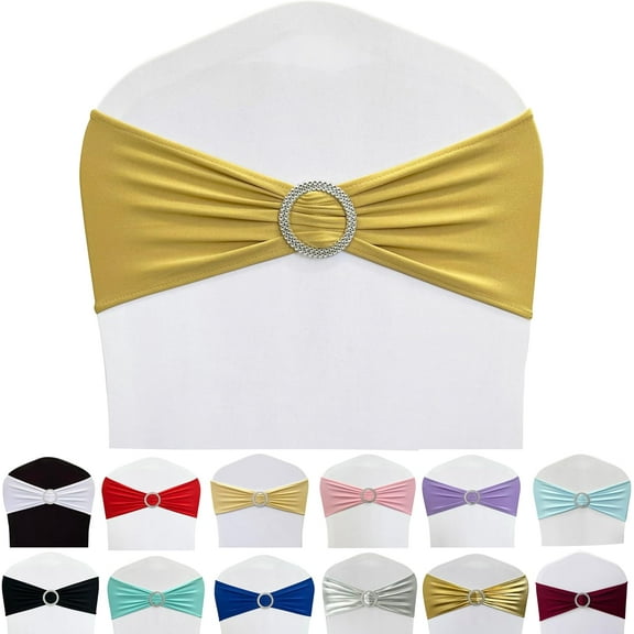 Spandex Chair Sashes Bands 50PCS Stretch Chair Ties Bows with Buckle Slider for Wedding Party Banquet Decoration (Gold)… Gold 50PCS