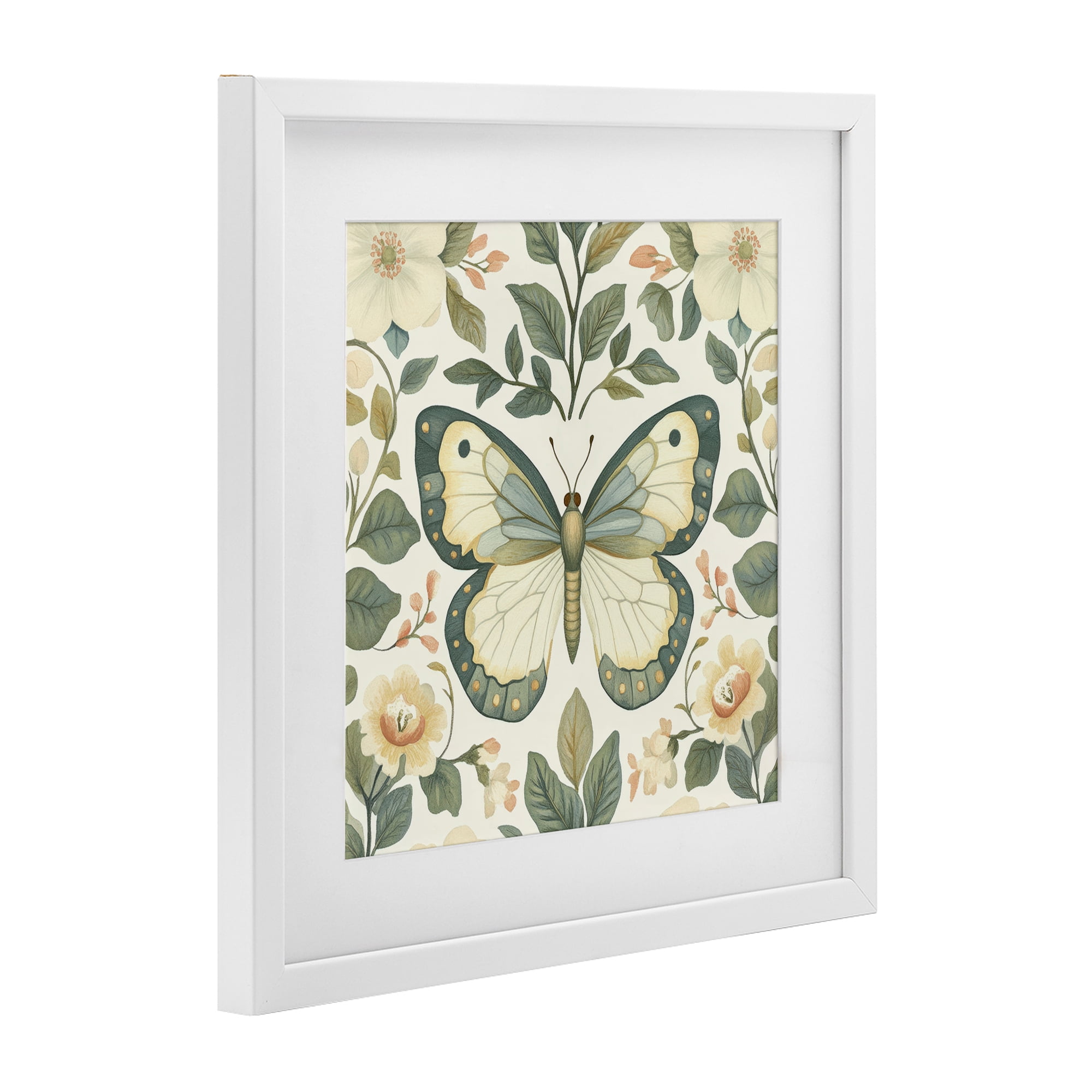 Stupell Industries Sage Butterfly and Florals White Framed Print Under Glass, design by Petal Prints Design