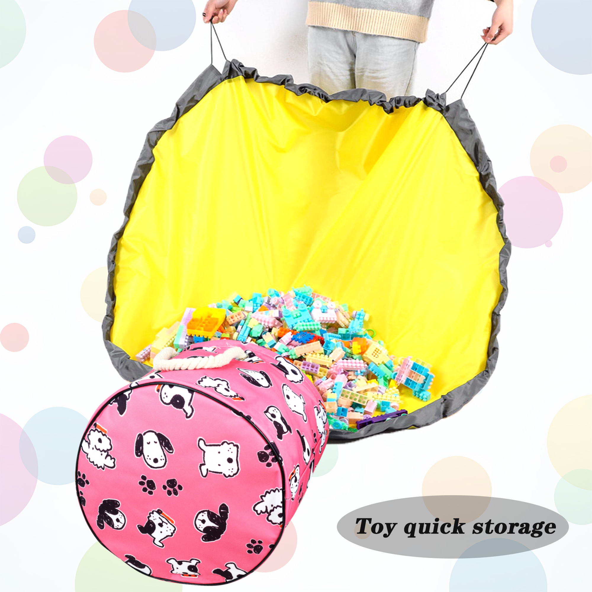 NIETEIN Kids Toy Storage Basket with Play Mat for Building Bricks Collapsible Canvas Organizer Bag (Pink Dog)