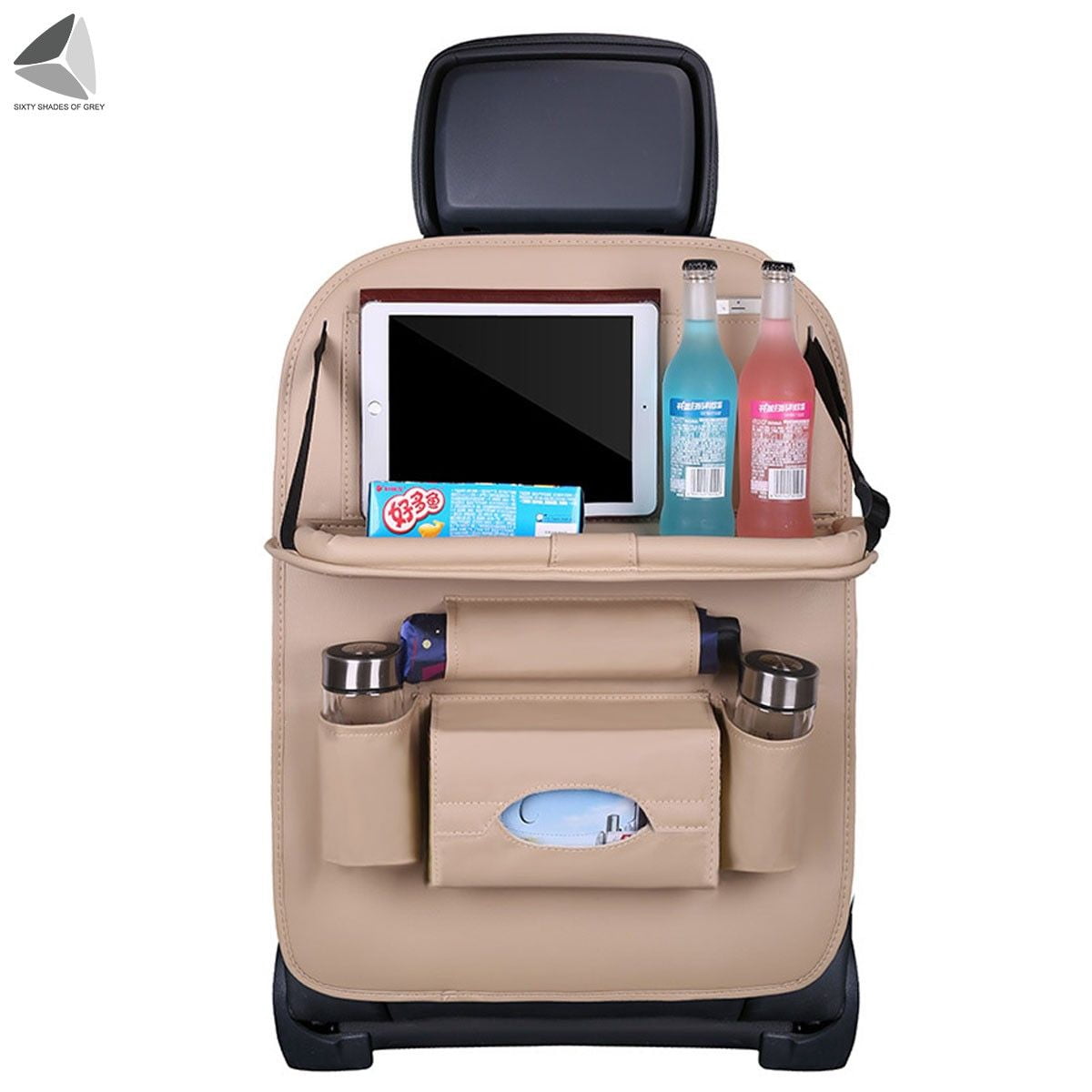 PULLIMORE Car Backseat Organizer with Foldable Tablet Holder, PU Leather Car Storage Protectors Seat Kick Mats Cup Holder Car Universal Use Covers (Beige)