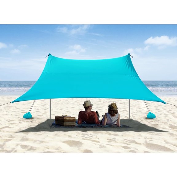Beach Tent, Camping Sun Shelter 10 x 10ft, with 4 Sandbags, UPF50 , Includes Sand Shovel, Ground Pegs & Stability Poles, Pop Up Beach Canopy Sunshade for Fishing, Backyard Fun or Picnics (Cyan)