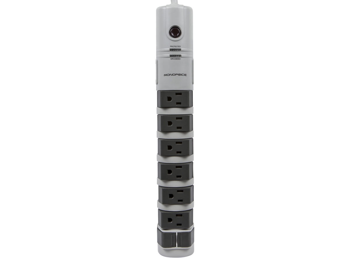 Monoprice Power & Surge - 8 Outlet Rotating Surge Strip - Gray | UL Rated 2, 160 Joules with Grounded and Protected Light Indicator
