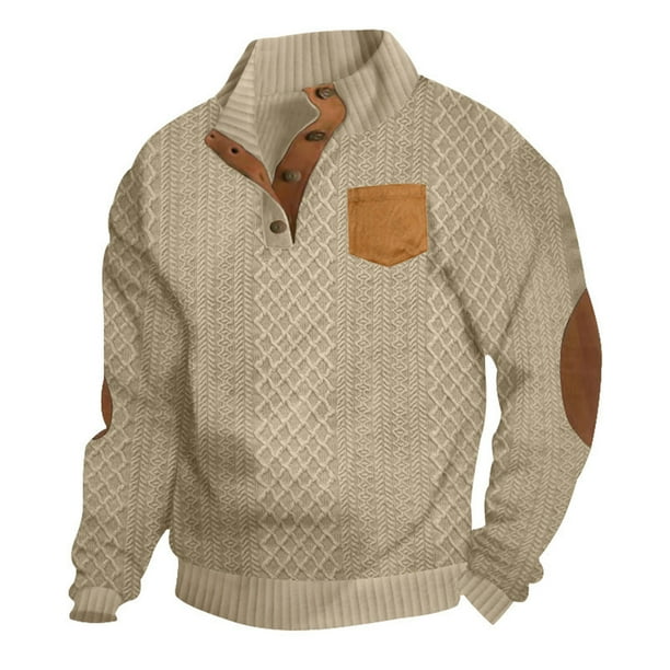 pstuiky mangas largas para hombre, Suéter de hombre con botones, color liso, cuello alto, mangas largas y cuadrados pequeños Tops casuales para hombres xxxl