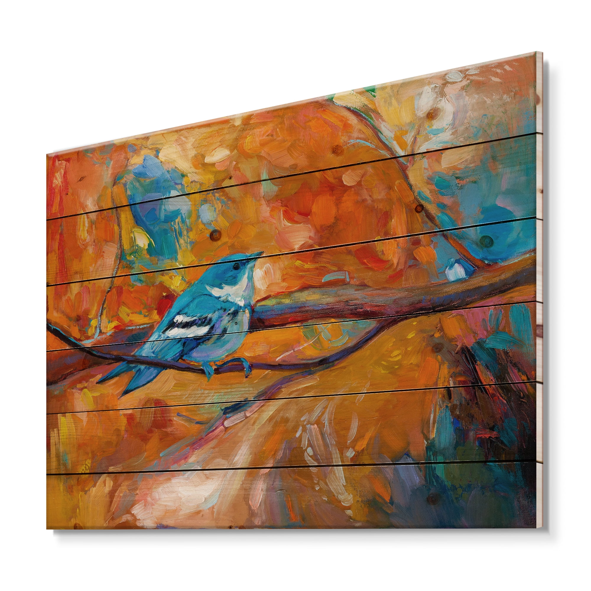Designart 'Blue Cerulean Warbler Bird Sitting On A Branch' Traditional Print on Natural Pine Wood