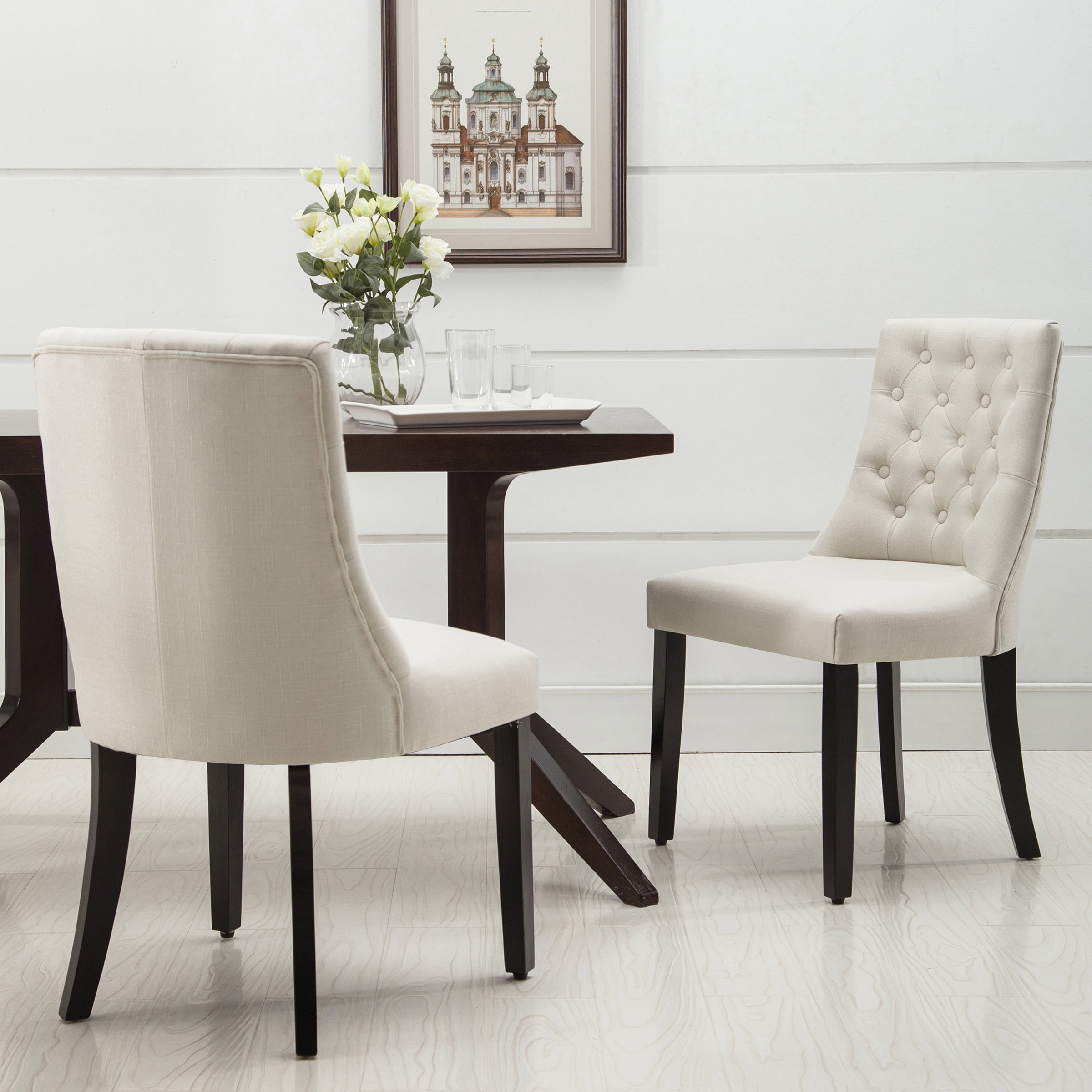 Brooklyn Button Diamond Tufted Beige Linen Fabric Modern Dining Chair