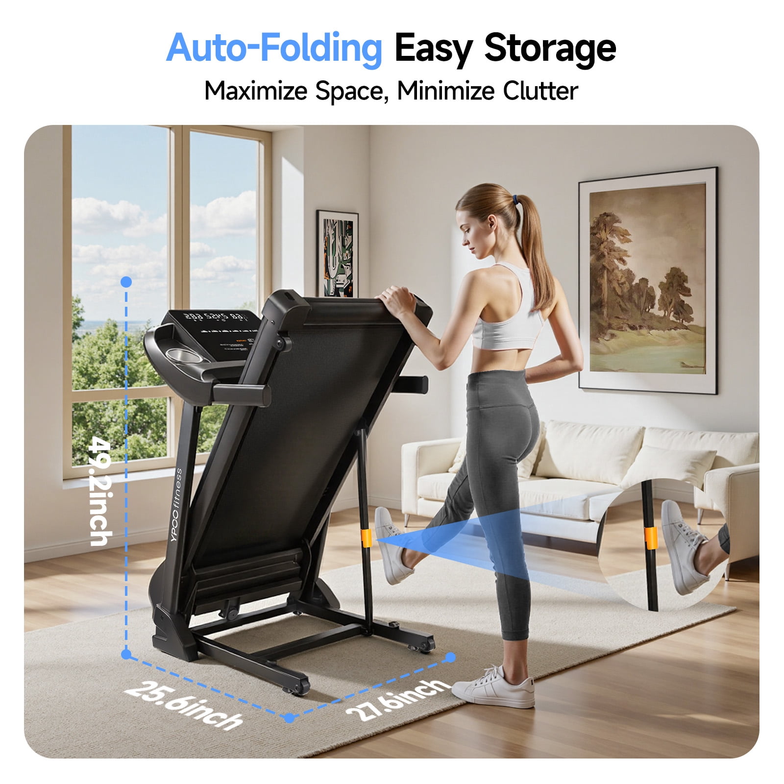 YPOO Folding Exercise Treadmill for Home Use, Walking Pad with Incline, 8 mph Running, Auto Fold, Compact, 300 lb Capacity for Small Spaces