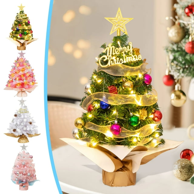 Fiudx Mini Árbol de Navidad con Luces Led y Modos de Destello, Estrella Dorada En La Copa, Adornos y Conos, Funciona con Pilas, Decoración Navideña de Mesa, Perfecto para Navidad, Uso En Interiores,