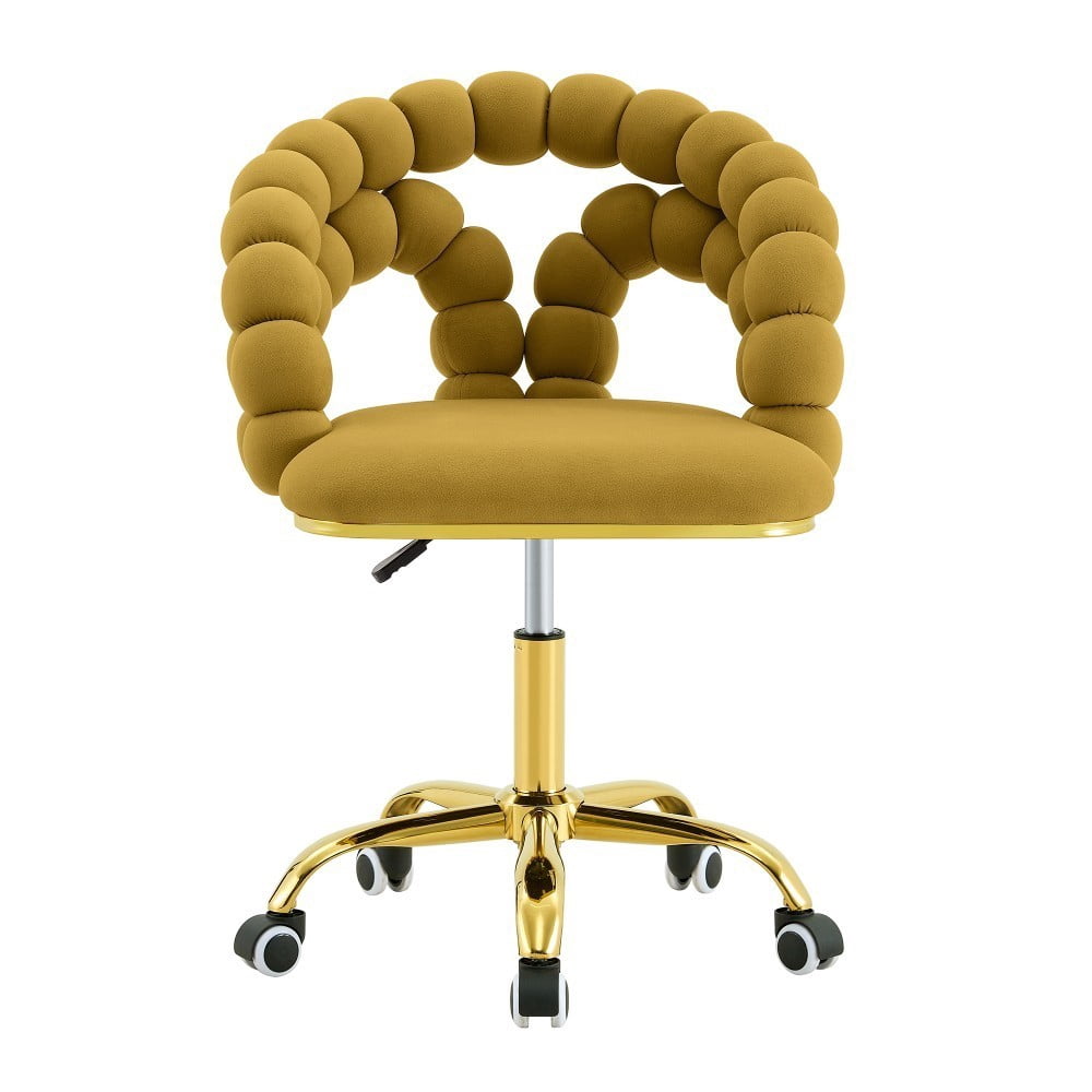 Velvet Office Chair, Adjustable Swivel Desk Chair with Bubble Back, Gold Metal Base, Rolling Vanity Chair for Home Office, Bedroom & Makeup Room, Yellow