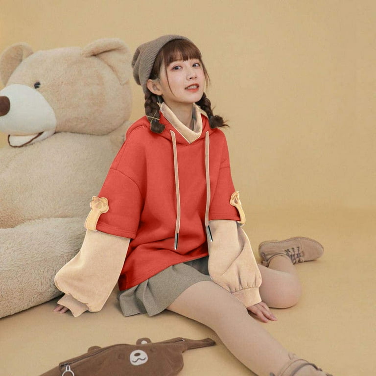 CFDRFGH Women s Cute Anime Bear Hoodie Casual Trendy Long Sleeve Sweatshirts for Girls Teenagers Oversize Top Kawaii Clothes Girl s Size 2XL Red
