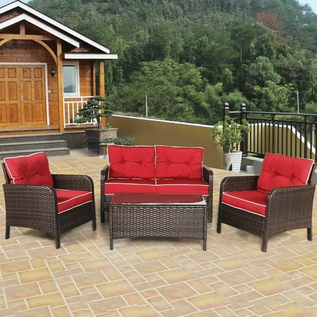 Small Space Patio Seating Costway 4 PCS Outdoor Patio Rattan Wicker Loveseat, 2 Single Sofas And 1 Tea Table with Red Cushions ()