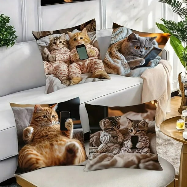 4 fundas de almohada decorativas con estampado de gatos | Fundas de cojín de poliéster suave de 45 x 45 cm con cremallera oculta para sofá y cama
