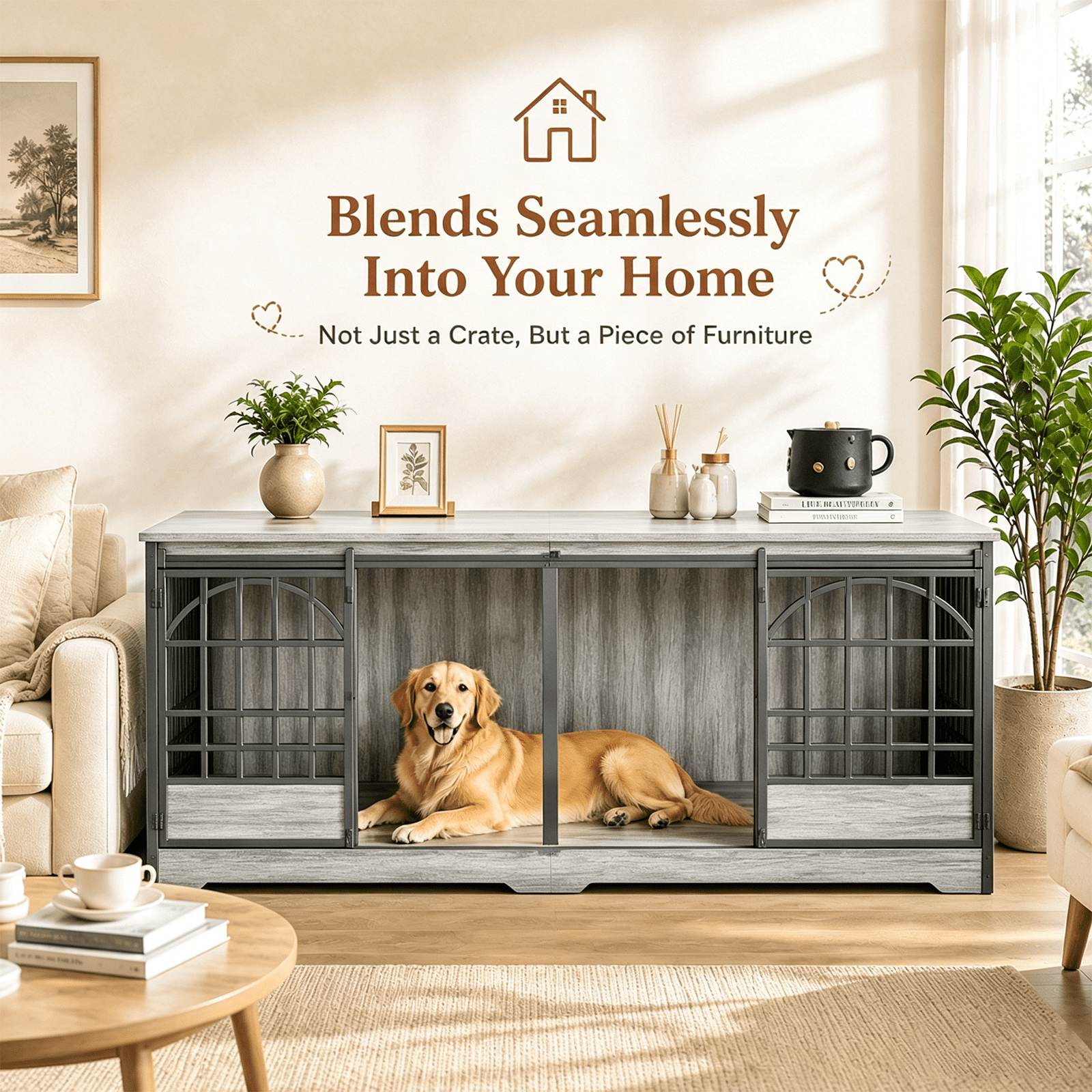 Fowroa 78 inch Extra Large Double Dog Crate Furniture, Heavy Duty Indoor XXL Dog Kennel with Removable Divider, Gray