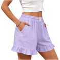thumbnail image 5 of hotojiny Striped Shorts for Women Summer Beach Vacation Clothes Spring Trendy Elastic Waist Ruffle Shorts with Pockets, 5 of 7