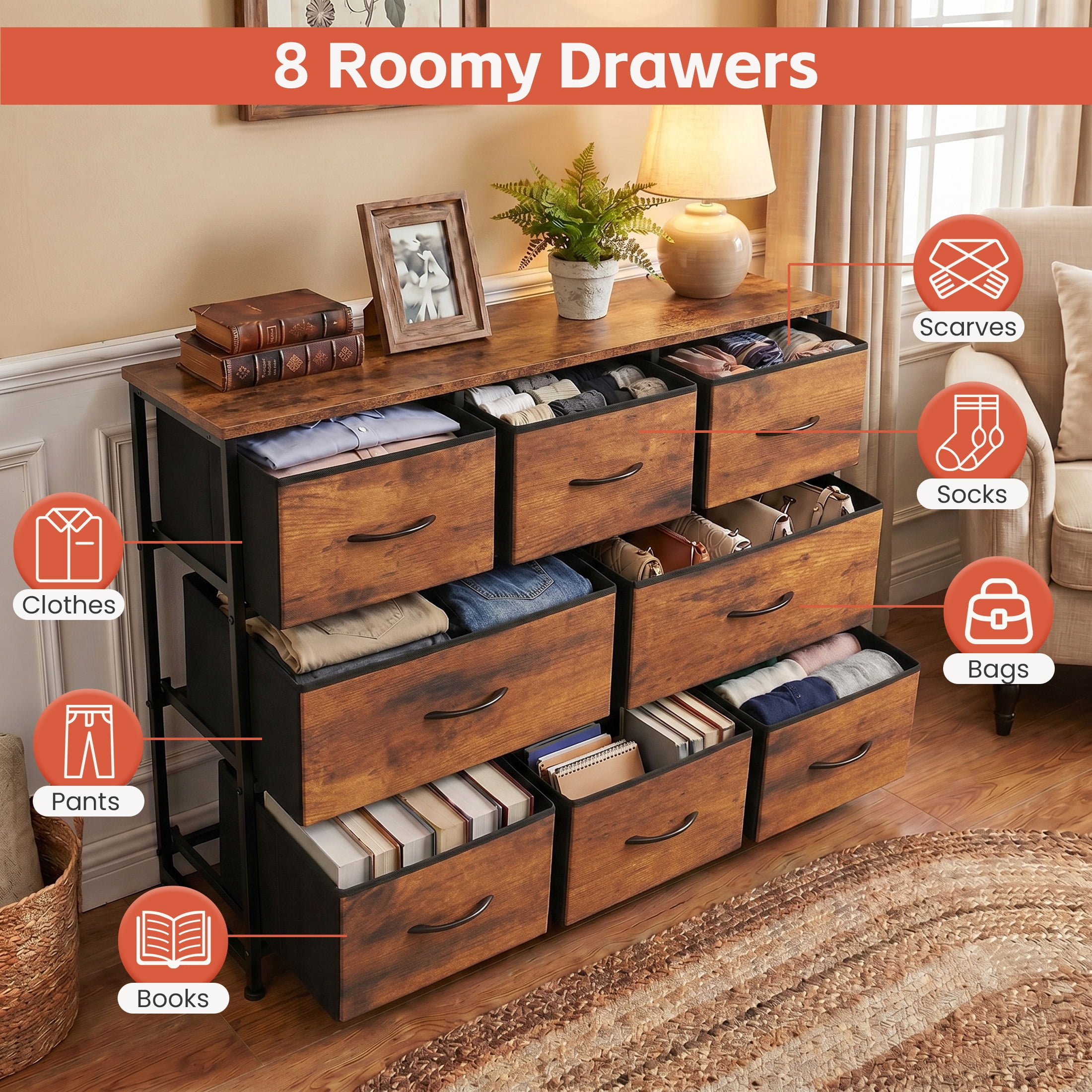 edx 8 Drawers Fabric Dresser, Chest of Drawers with Sturdy Steel Frame, Storage Organizer Cabinet for Bedroom, Living Room, Hallway, Rust