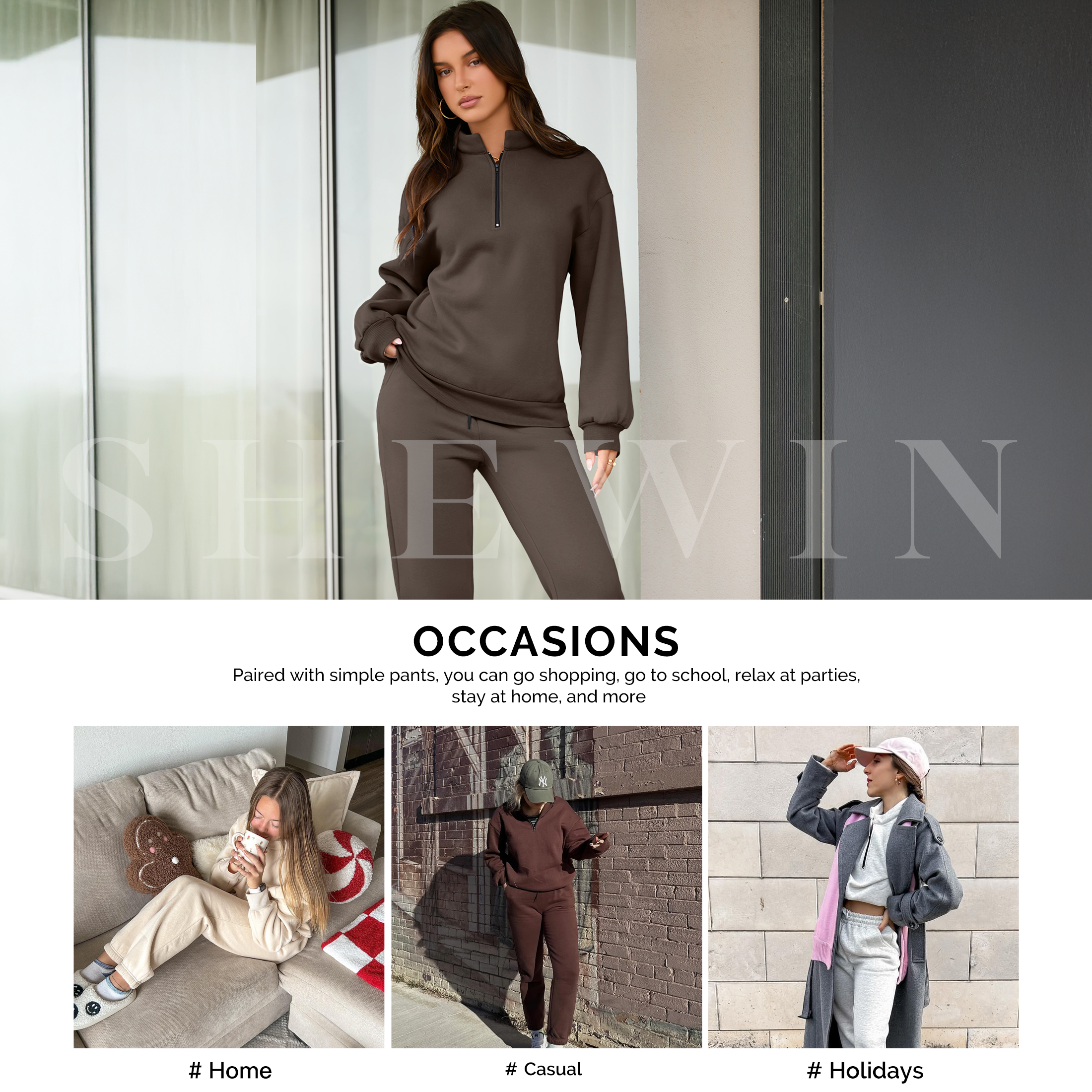 Shewin Women's Fleece Lined 1/4 Zip Sweatsuit Set photo 6