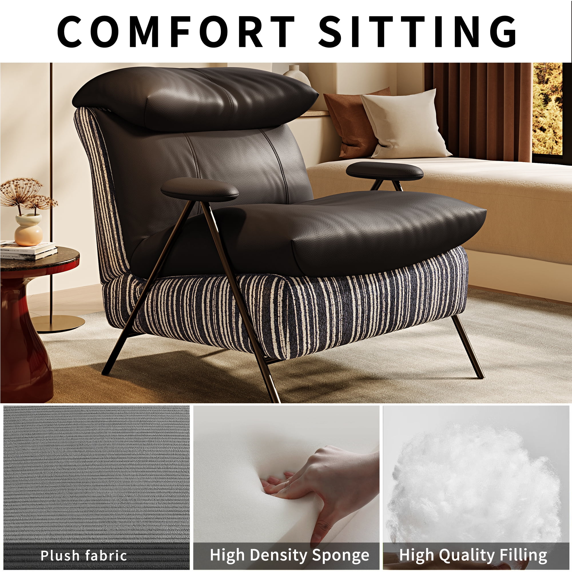 Howcool Modern Upholstered Accent Chair,Armchair with Wide Cushioned Seat,Ergonomic Lounge Chair with Solid Wood Frame for Living Room,Bedroom,Black