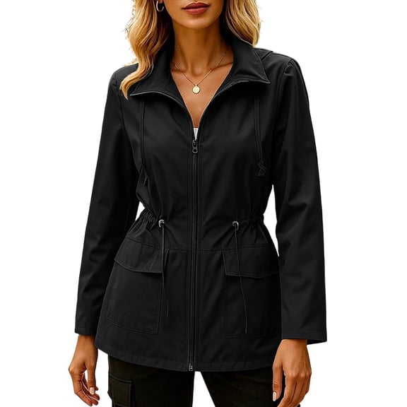 ATOYSOY Cargo Jacket For Women Stand Collar Full Zip Cargo Jacket Drawstring Waist Long Sleeve Double Flap Pocket Airy Windbreaker Solid Color Casual Outdoor Hiking Daily Warm Season Layering Outer