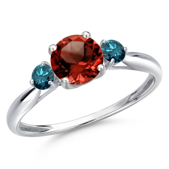 Gem Stone King 10K White Gold Red Garnet and Blue Diamond 3-Stone Ring for Women | 1.20 Cttw | Round 6MM | Gemstone January Birthstone | Size 7