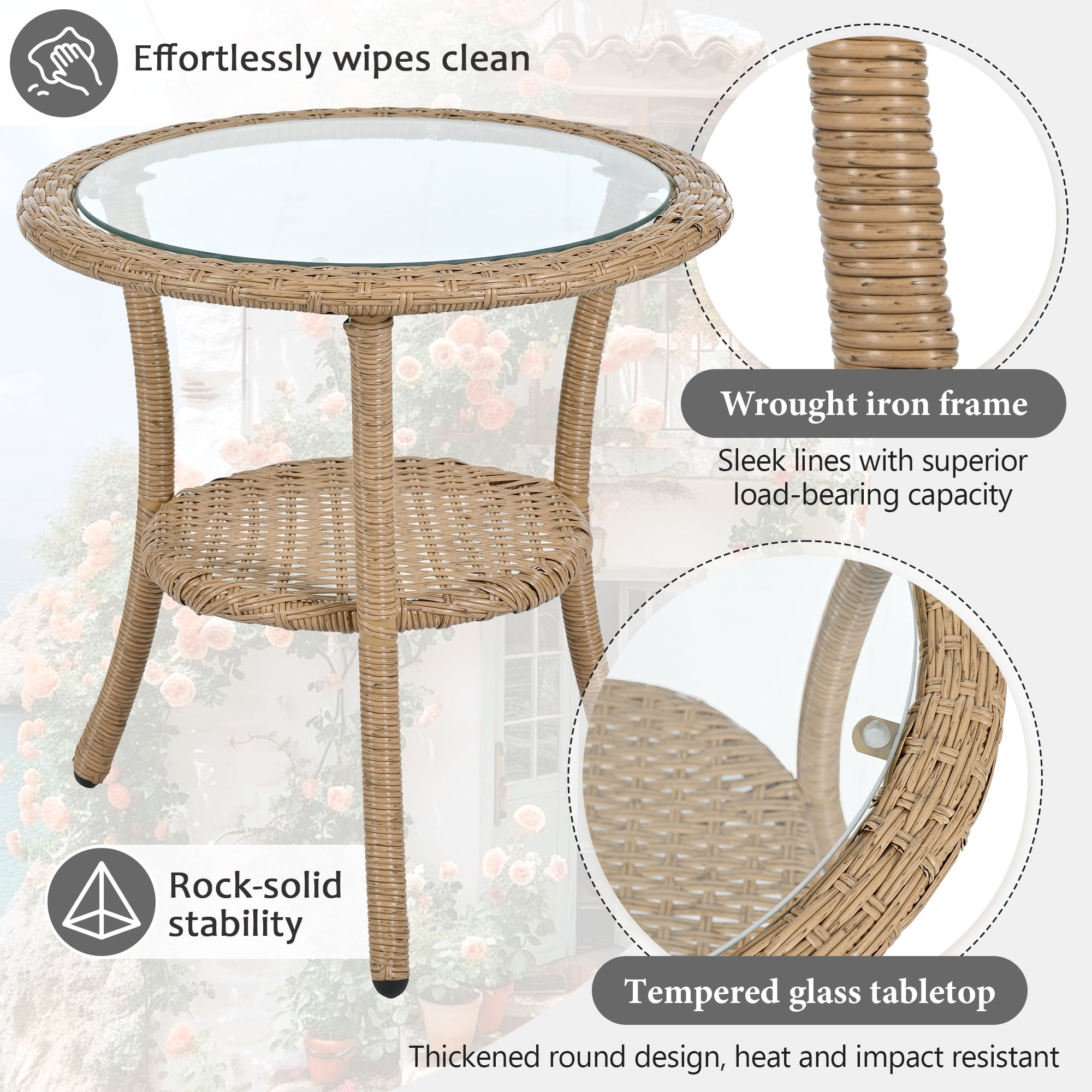 3-Piece Outdoor Furniture Sectional Sofa Set,Patio PE Wicker Conversation Sets with Beige Cushions,Top Glass,Lounge Chair for Garden, Deck, Poolside