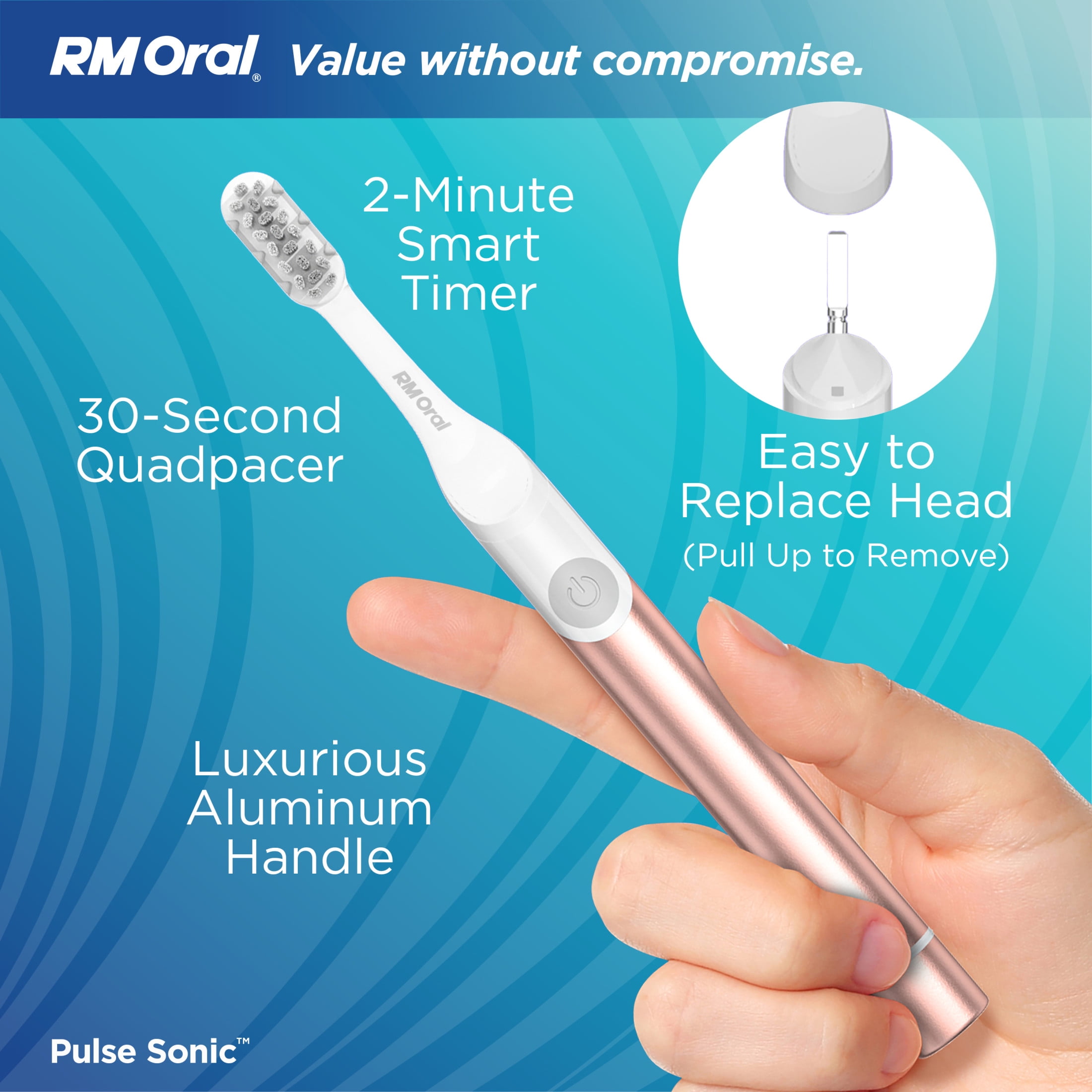 RM ORAL Pulse Sonic Powered Toothbrush, Metal Handle, Case, Soft - Rose-Gold