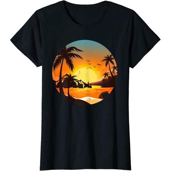 Tropical Sunset Mountains Beach Vacation Palm Trees Forest T-Shirt