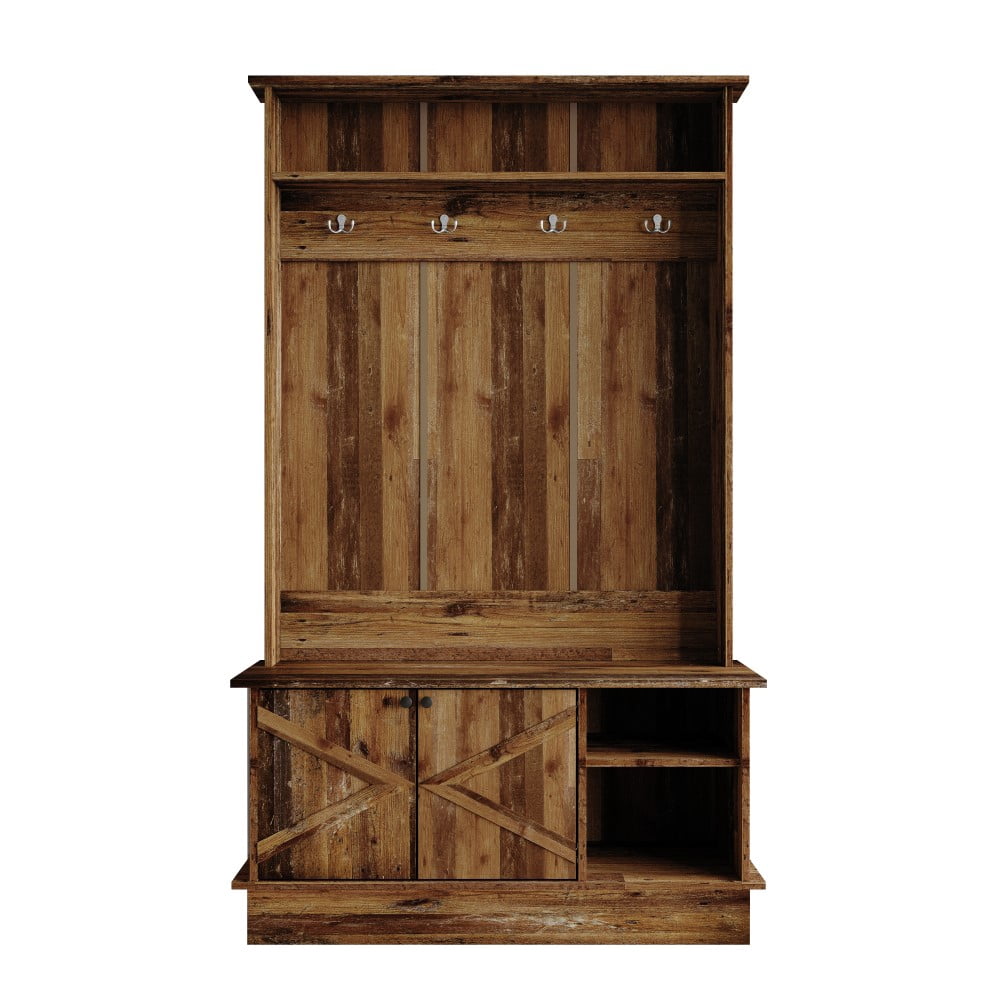 Castle Place Modern Hall Tree with Storage Cabinet, Walnut