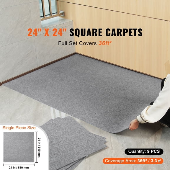 Carpet Tiles Peel&Stick,24'x24' Squares Self Adhesive Carpet Floor Tile,Soft Padded Carpet Tiles,Easy Install DIY for Bedroom Living Room Indoor Outdoor (9Tiles,Light Gray)
