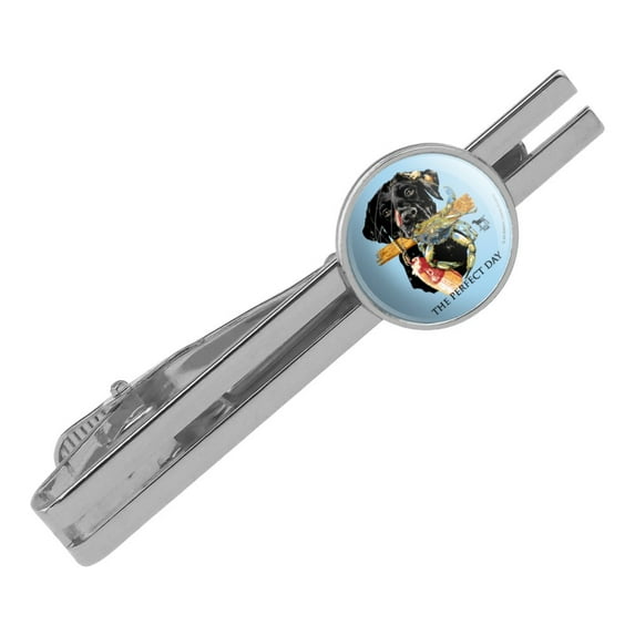 The Perfect Day Black Lab Labrador Dog Buoy Crab Fishing Round Tie Bar Clip Clasp Tack Silver Color Plated