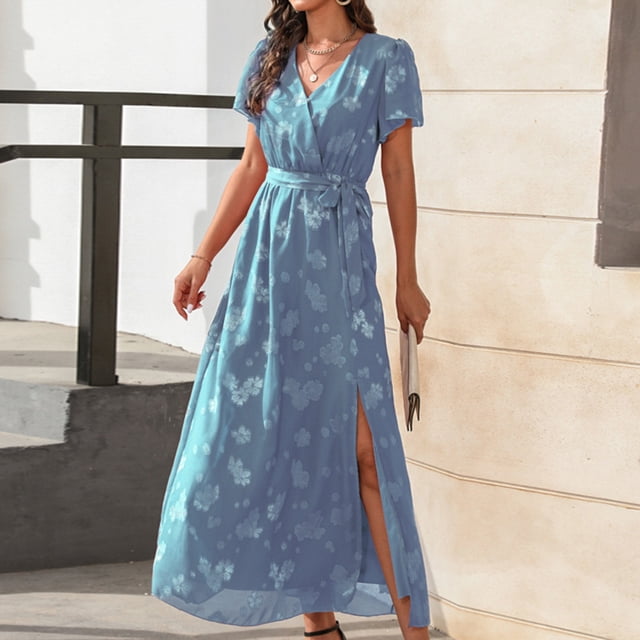SMihono Robe Maxi Bohème d'Été pour Femmes Grande Taille Robe Longue à Manches Courtes Col en V Fendue Robe de Plage