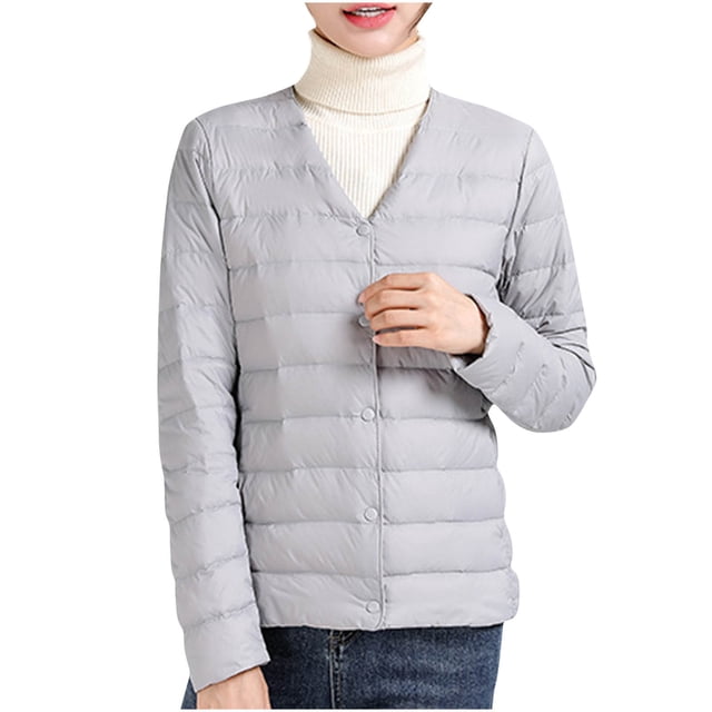 Cameland Women's Solid Color Lightweight Down Jacket V-neck Short Jacket Long Sleeved Cotton Jacket