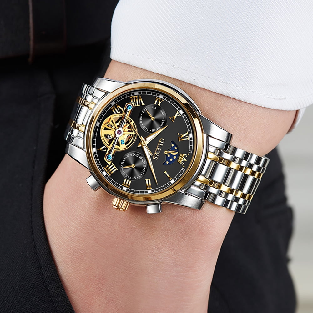 OLEVS Automatic Watches for Mens Skeleton Mechanical Self Winding Chronograph Calendar Classic Dress Moon Phase Multifunction Mens Wrist Watches Luminous Waterproof Stainless Steel Reloj Para Hombre