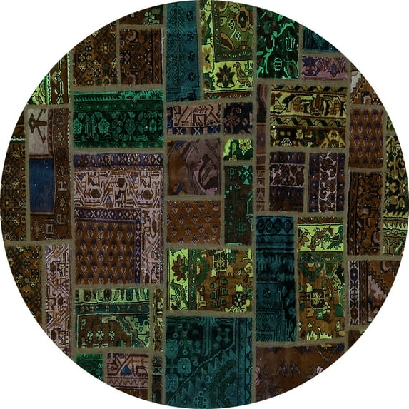 Ahgly Company Machine Washable Indoor Round Oriental Turquoise Blue Modern Area Rugs, 3' Round
