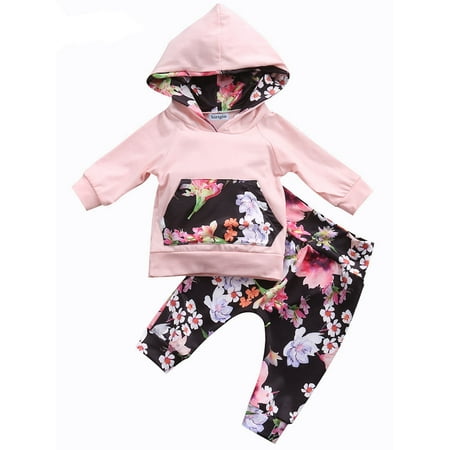 

Newborn Girl s Floral Printed 2Pcs Suit Long Sleeve Hooded Top with Long Pants