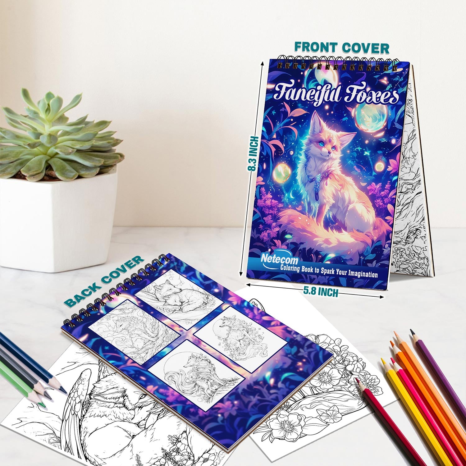 Netecom Fanciful Foxes Coloring Book Spiral Bound for Adults, A5 Wooden Cover, 30 Whimsical Coloring Pages of Wild Foxes for Stress Relief and Relaxation