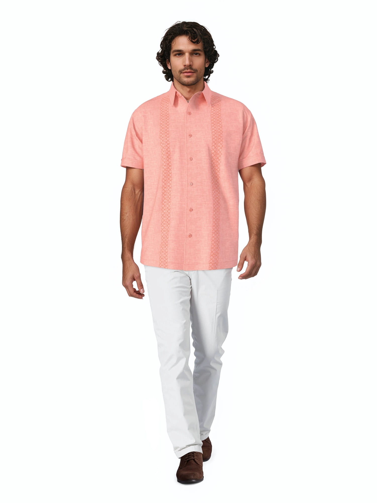Havanera Men's and Big Men's Geo Embroidered Panels Short Sleeve Cotton Linen Button-Down Shirt, Sizes S-5XL