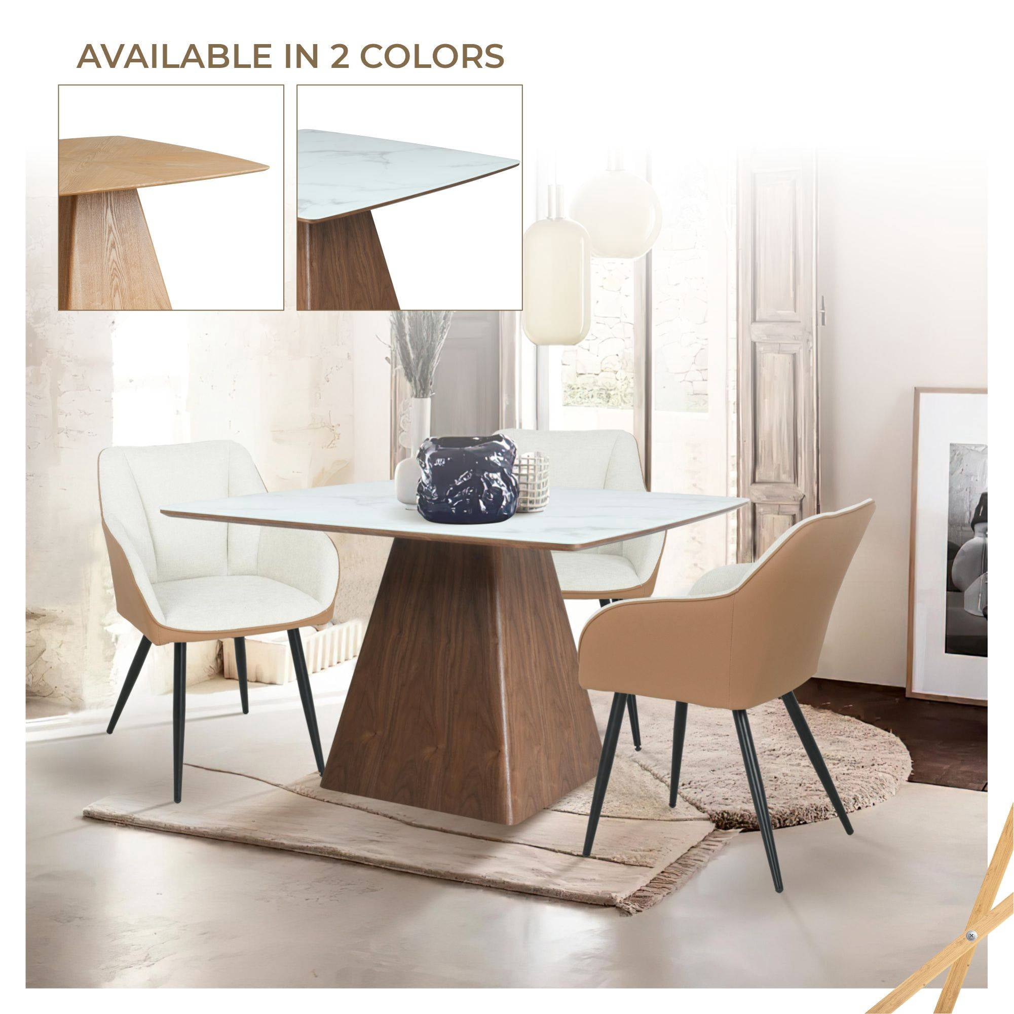 LeisureMod 47" Square Dining Table with Sintered Stone Top Ash Wood and Iron Pedestal Base Easy Assembly Seats 4 Person for Kitchen, Office, and Cafes Zephry Collection in White