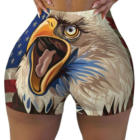 Workout Shorts Women  Eagle With USA Flags Biker Shorts for Women Running Gym Spandex Shorts Tummy Control