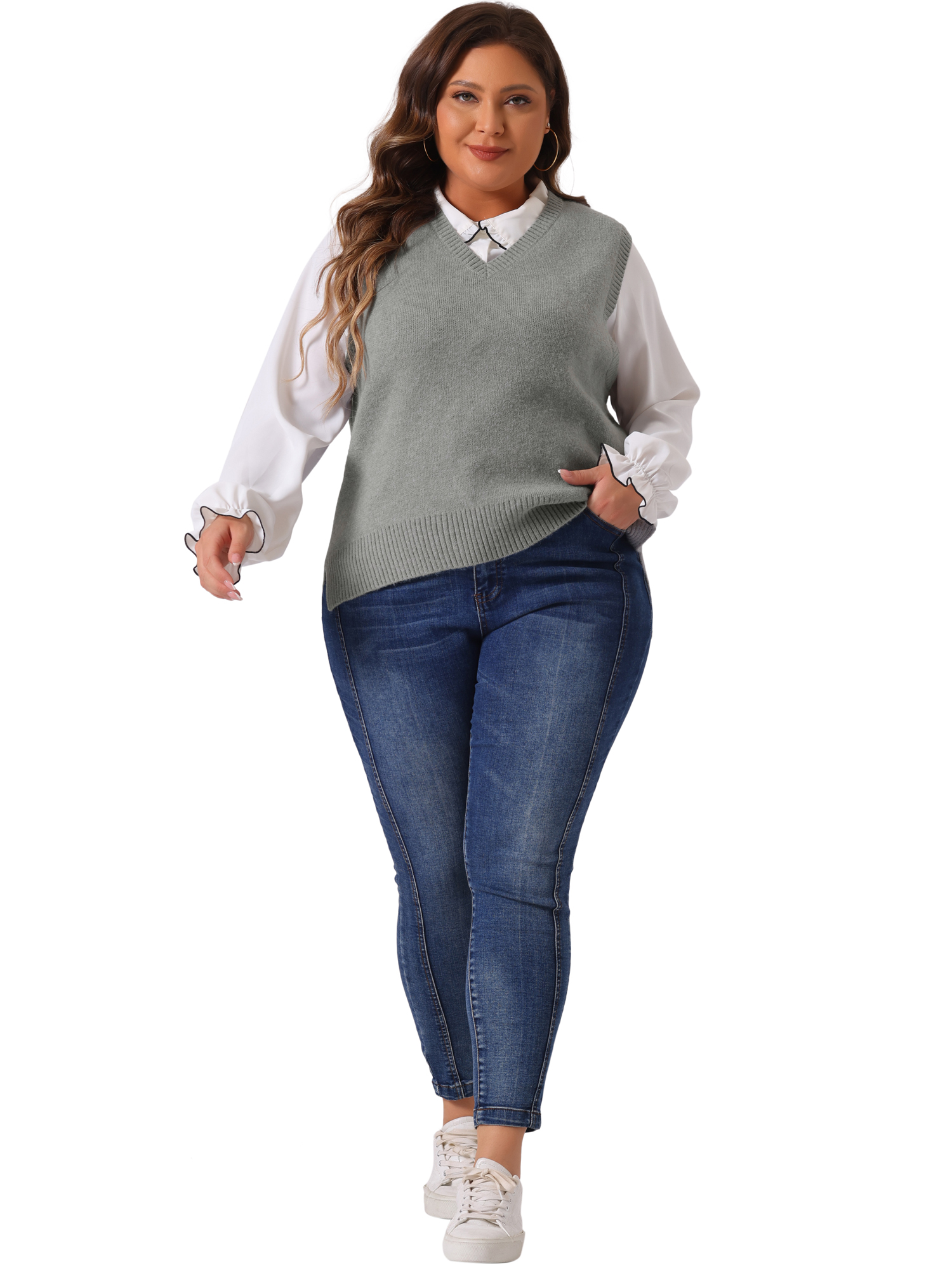 DARING DIVA Women's Plus Size V Neck Knit Sweater Vest 2X Gray