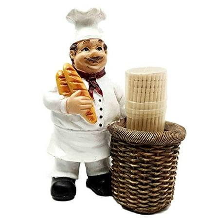 Chef Head - Pastry Head Chef Jean Holding Bread With Faux Wicker Toothpick Holder Figurine