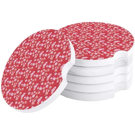 FMSHPON Spring Pink Flowers Red Set of 4 Car Coaster for Drinks, Absorbent Ceramic Stone Coasters Cup Mat with Cork Base for Home Kitchen Room Coffee Table Bar Decor
