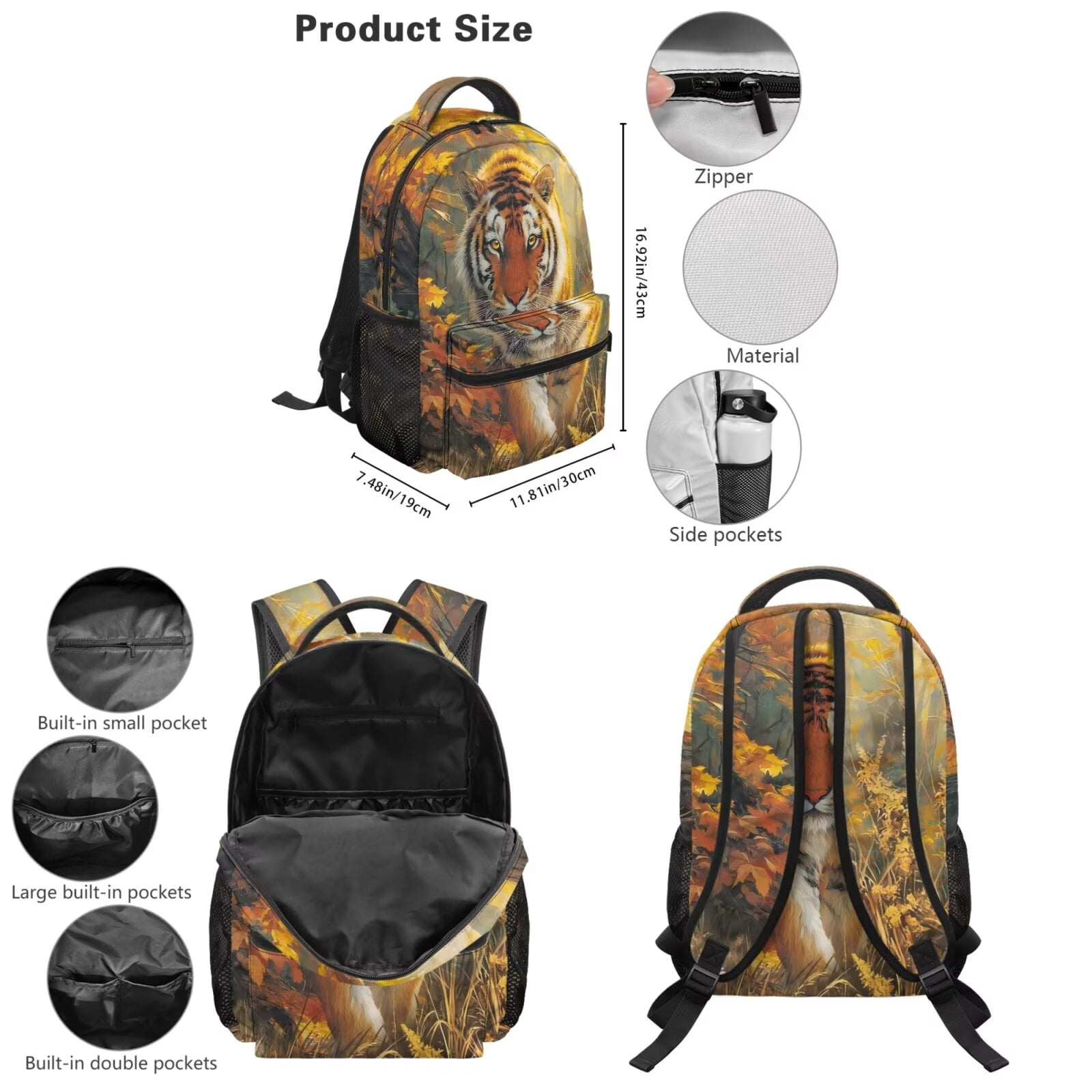 Pzuqiu Tiger Print Cute Back Pack Backpacks for Boys with Lunch Box Water Bottle Bag School Backpack for Boys 5 Pcs Rucksack Travel Bag for Kids