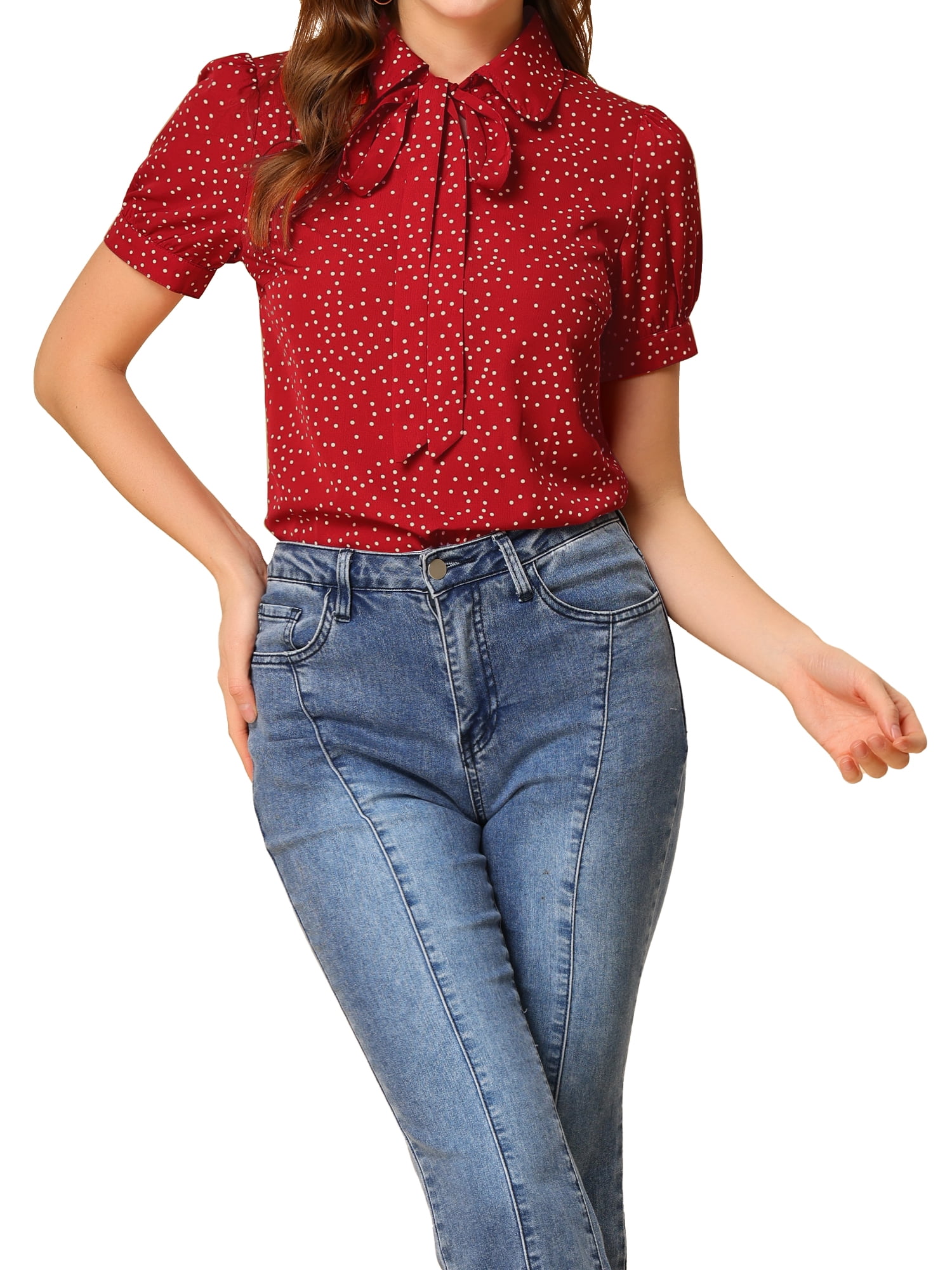 DARING DIVA Women's Polka Dots Tie Bow Chiffon Blouse S Red-Dots