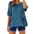 thumbnail image 2 of Tittly Womens Linen Shirt Women'S Gauze Tops Linen Button Up Shirts for Women Linen Shirts For Women Basic 3/4 Sleeve Tops Round Neck Pullover Tshirt Blue, 2 of 8