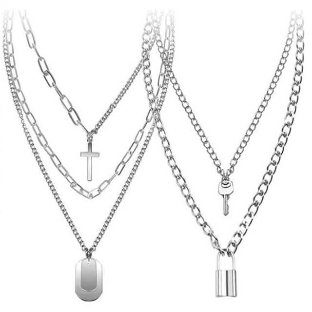 Conjunto De 2 Uds De Collar De Cadena De Bloqueo, Conjunto De Collar Con Colgante De Bloqueo De Declaración, Cadenas Multicapa De Aleación, Gargantilla Punk Para Hombres Y Mujeres Minnieouse AP007229-01