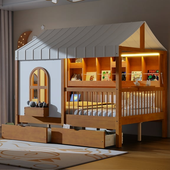 Aukfa Full Size House Bed with Storage Drawers, USB & Type-C, Tent, Side Bookshelf with LED Strip, Wood Playhouse Bed for Kids, Walnut