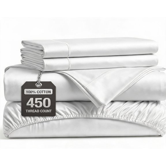 Queen Sheet Set 450TC Long-Staple Cotton Sateen White with 15 Inch Deep Pocket
