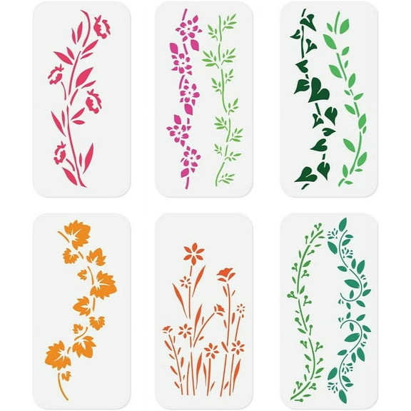 Colorful 6Pcs Botanical Leaf Vine Boarder Wall Stencils for Painting 11.8 x 5.9 Inch Drawing DIY Crafts Reusable Plastic Stencil for Painting on Wood Wall Canvas Furniture
